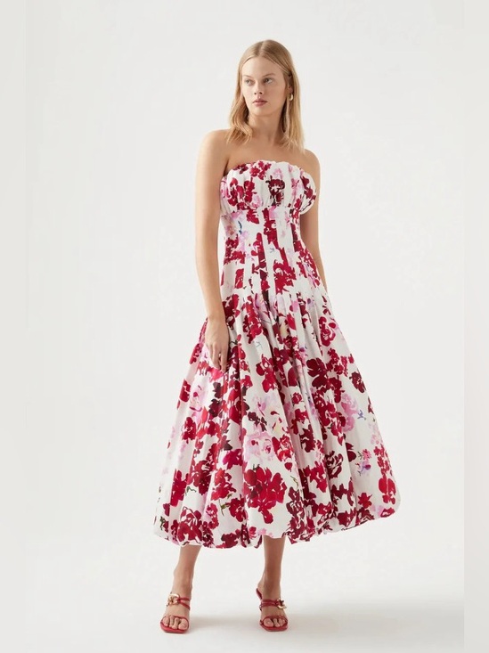 Aje Dresses & Skirts - Aje Mathilda Pink FloralPrinted White Panel Bubble Hem Strapless Dress AU10/US6